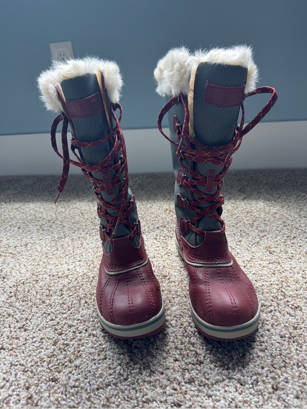 L.L. Bean Burgundy and Gray Faux-Fur Lace-Up Winter Boots